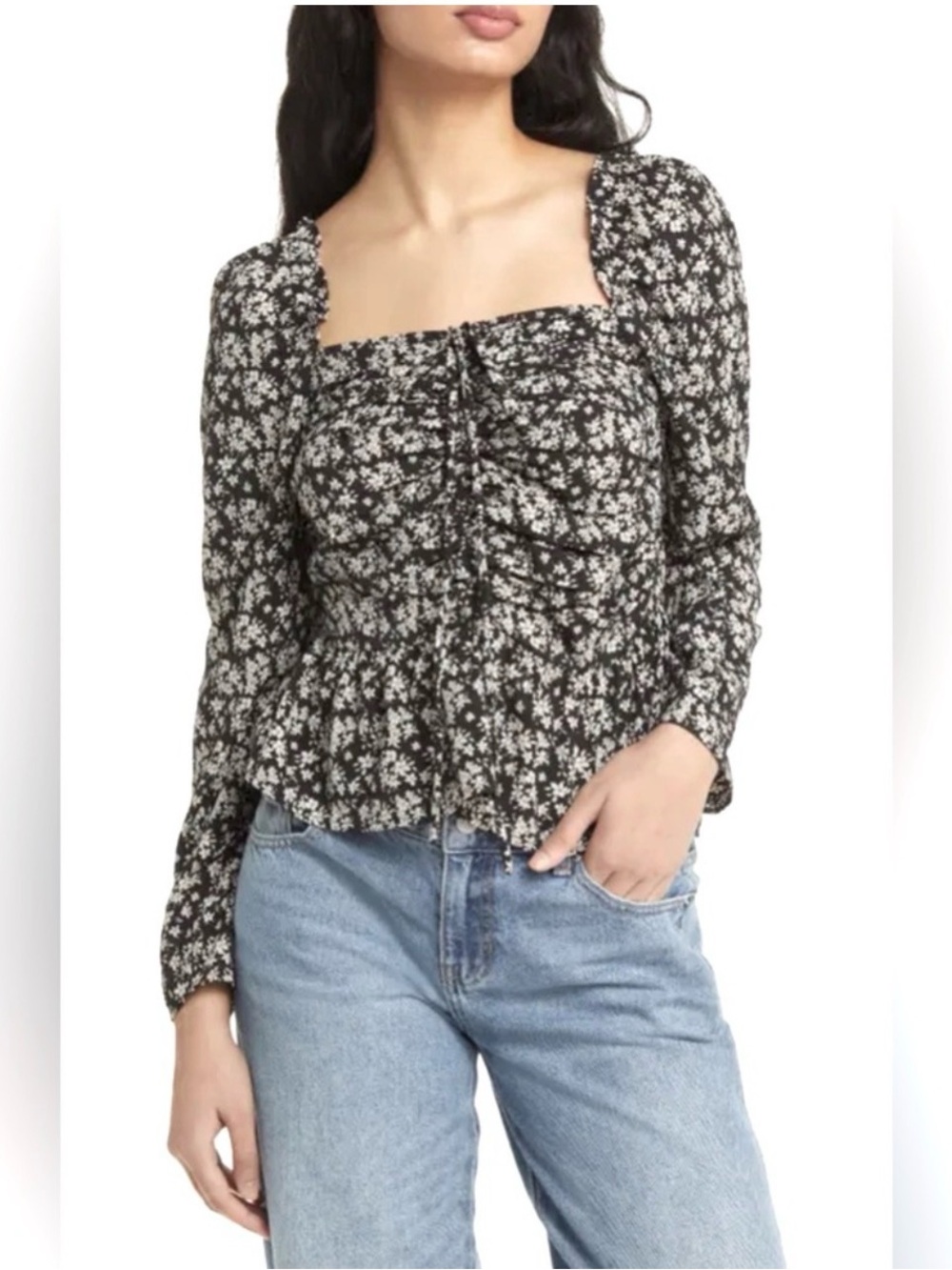 Vigoss Black and White Floral Print Square-Neck Peasant Blouse Size Small NWOT